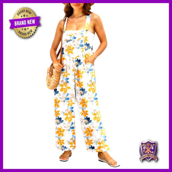 Wide Leg Jumpsuit Overalls with Pockets Loose Fit 100% Polyester